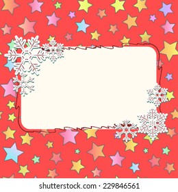 Background with stars and frame with snowflakes. Can be used as greeting card