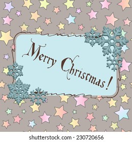 Background with stars and frame with snowflakes and greeting with Christmas. Can be used as greeting card
