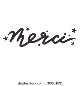 Background with stars and french text. Merci, poster design. Backdrop vector with thanks. Decorative illustration, symbol of gratitude. Save the date card