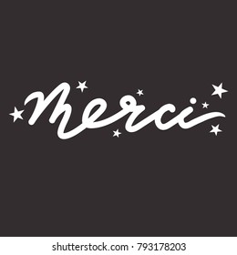 Background with stars and french text. Merci, poster design. Backdrop vector with thanks. Decorative illustration, symbol of gratitude. Save the date card