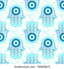 Background with stars and ornate  hamsa, obereg against the evil eye and spoilage. Seamless pattern. Arabic and Jewish amulet. Mystic, occult concept.  Astrology, esoteric, religion.  Vector.