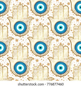 Background with stars and ornate hamsa, obereg against the evil eye and spoilage. Luxury Golden seamless pattern. Vector illustration.	
