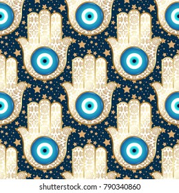 Background with stars and ornate hamsa, obereg against the evil eye and spoilage. Seamless pattern. Vector illustration.