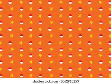 Background with stars and red and white balls within orange background. An abstract pattern background.