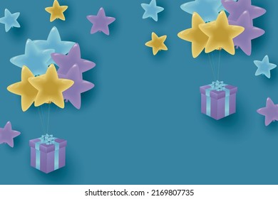 background of star-shaped balloons and gift boxes