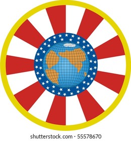 Background of the Star-Spangled American flag inside of which is the planet Earth.