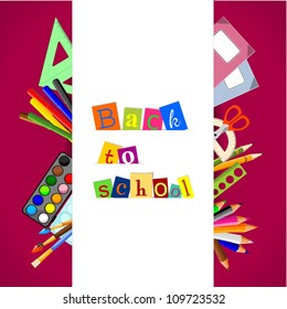 background with stationery and text "back to school" - vector illustration