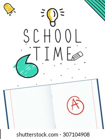 background with stationery and text school time on white 