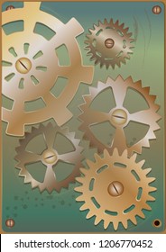 Background in Steampunk style. Gears on a metal plate screwed. Vector.