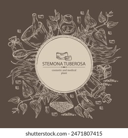 Background with stemona tuberosa: stemona plant, leaves, flowers and stemona tuberosa root. Oil, soap and bath salt . Cosmetics and medical plant. Vector hand drawn illustration