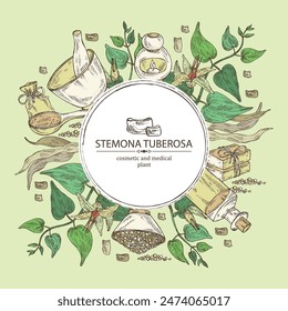 Background with stemona tuberosa: stemona plant, leaves, flowers and stemona tuberosa root. Oil, soap and bath salt . Cosmetics and medical plant. Vector hand drawn illustration