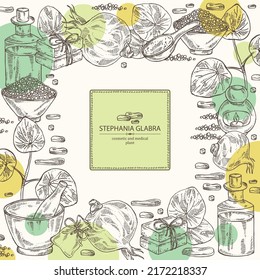 Background with stephania glabra: stephanie smooth plant, stephanie smooth tuber, bath salt, soap and beauty products. Cosmetic, perfumery and medical plant. Vector hand drawn illust