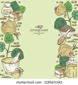 Antecedentes con stephania glabra: estahanie planta lisa, tubérculo liso de stephanie, sal de baño, jabón y productos de belleza. Cosmética, perfumería y planta médica. Ilustración dibujada a mano por vectores