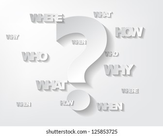 Background with sticker questions and question mark on a white background.