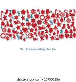 Background with stickers element, vector. Merry Christmas and Happy New Year greeting card