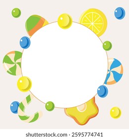 background for stories on beige background with colorful candies, lollipops, sweets, lollipops and round field for text, cute background with sweets