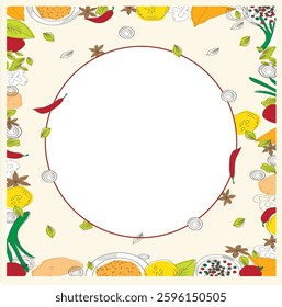background for stories square beige with round field for text and indian food and spices, greens, star anise, cardamom, chili, pepper, flatbread, Hand drawn sketch, Indian cuisine