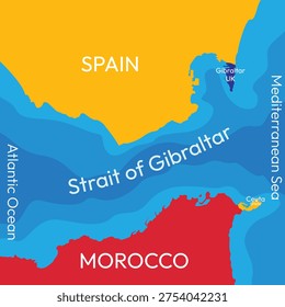 Background of the Strait of Gibraltar. Strait between Morocco and Spain. Topographic map