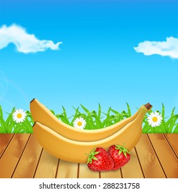 Background with strawberries and banana on wood. Summer time. Time for a picnic. Grass and chamomile. High quality vector. EPS10 vector