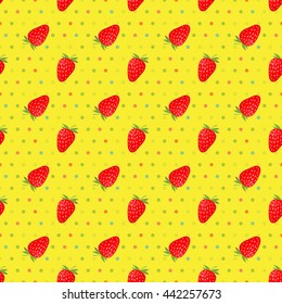 Background with strawberry seamless pattern. Yellow pattern with strawberries and polka dots. Vector illustration