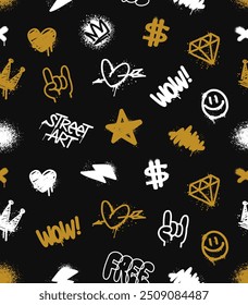 Background of Street Art tags and Rock grunge signs  -  vector seamless pattern. Rock and Street Art Graffiti doodles: crown, diamond, heart, star, and pop art elements - vector background