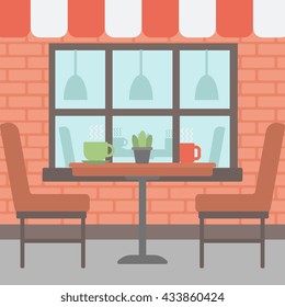 Background of street cafe. Cafe on the street with table and chairs vector flat design illustration. Outdoor cafe. Square layout.