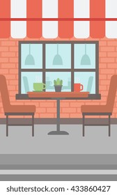 Background of street cafe. Cafe on the street with table and chairs vector flat design illustration. Outdoor cafe. Vertical layout.