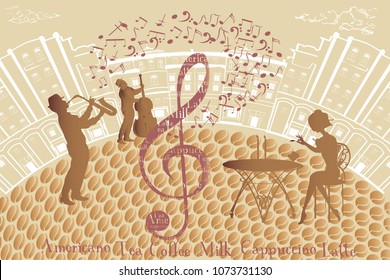 Background with street musicians and a fashion girl at the cafe table. Vector illustration.