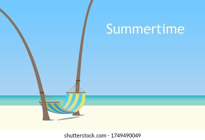 Background with a striped hammock suspended between two trunks on a sunny beach. Vector Illustration