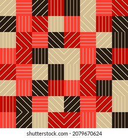 Fondo de cuadrados a rayas. Un mosaico de figuras geométricas. Patrón sin foco. Diseño con eclosión manual. Textil. Ornamento étnico de boho. Ilustración vectorial para diseño web o impresión.