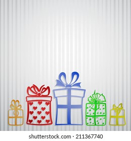 Background with strips and five different gift boxes