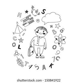 Background with a student and her thoughts about the school. Back to school. Vector illustration.