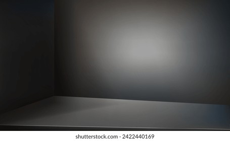 Sala de estudio de fondo con luz de foco sobre la contraparte de acero plateado,textura de estante de metal vacío con reflejo de luz,Vector Mockup de la mesa superior,Contador de cocina sobre la superficie de la barra de fondo gris