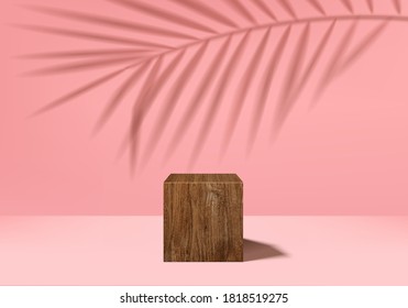 Background studio vector 3d pink rendering with wood podium and minimal pink scene with leaves, minimal background 3d rendering geometric pink leaves. wood stage for show product minimal in studio