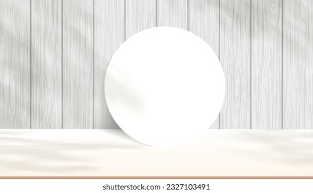 Estudio de fondo Pared de madera con hojas de sombra en el suelo beige, pantalla de producto de fondo podio con plataforma de sombra, textura de madera blanca con escaparate Stand Stage para mostrar el producto cosmético