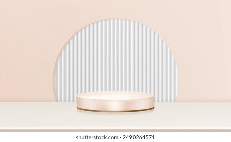 Estudio de fondo, sala de exposición 3d textura corrugada con sombra ligera en el podio del cilindro para el presente del Producto, pared interior pastel patrón de onda rayado, soporte de escenario beige para el otoño, otoño, Anuncio invernal