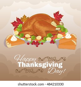 Background with stuffed turkey and pumpkin cake for Thanksgiving Day, vector image, eps10