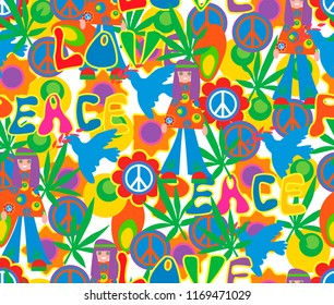 Background in the style of 60x. Psychedelic seamless pattern. Hippie, cannabis leaves, flowers, a symbol of pacifism.