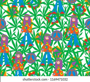 Background in the style of 60x. Psychedelic seamless pattern. Hippie, cannabis leaves, flowers, a symbol of pacifism.