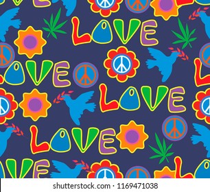 Background in the style of 60x. Psychedelic seamless pattern. Hippie, cannabis leaves, flowers, a symbol of pacifism.