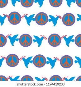 Background in the style of 60x. Psychedelic seamless pattern. Brightly neon colors, pigeons with olive branch, flowers, a symbol of pacifism.