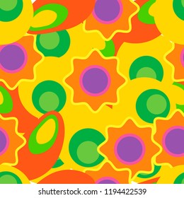 Background in the style of 60x. Psychedelic seamless pattern. Brightly neon colors, flowers, a symbol of pacifism.