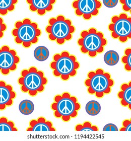 Background in the style of 60x. Psychedelic seamless pattern. Brightly neon colors, flowers, a symbol of pacifism.