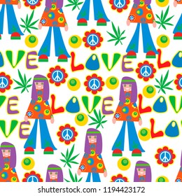 Background in the style of 60x. Psychedelic seamless pattern. Hippie, cannabis leaves, flowers, a symbol of pacifism.