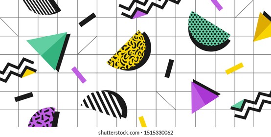 Background in the style of the 80s with multicolored geometric shapes on the white background. Illustration for hipsters Memphis style