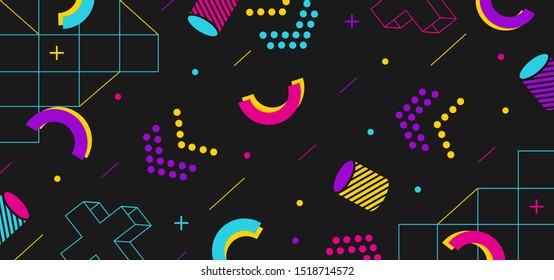 Background in the style of the 80s with multicolored geometric shapes on the black background. Illustration for hipsters Memphis style