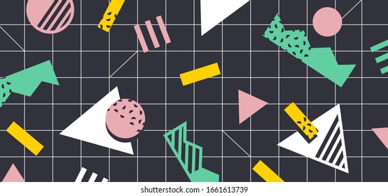 Background in the style of the 80s with multicolored geometric shapes on the black background. Illustration for hipsters Memphis style