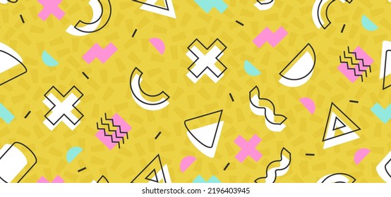 Background in the style of the 80s with multicolored geometric shapes on the yellow background. Illustration for hipsters Memphis style