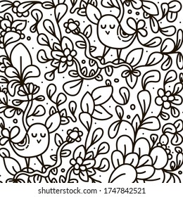 Background in the style of doodling. Black-white flowers and birds.