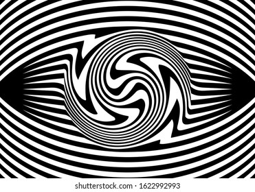 Background in the style of optical illusion. Black and white lines swirling stripes in the shape of an eye. Vector illustration